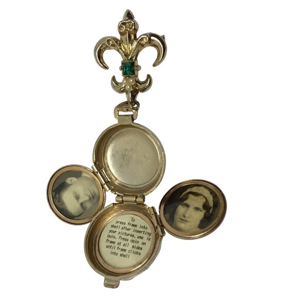 Vintage CORO Pat Pend Estate Triple Locket Brooch Fleur de Lis Rhinestone Pearl - Picture 13 of 14